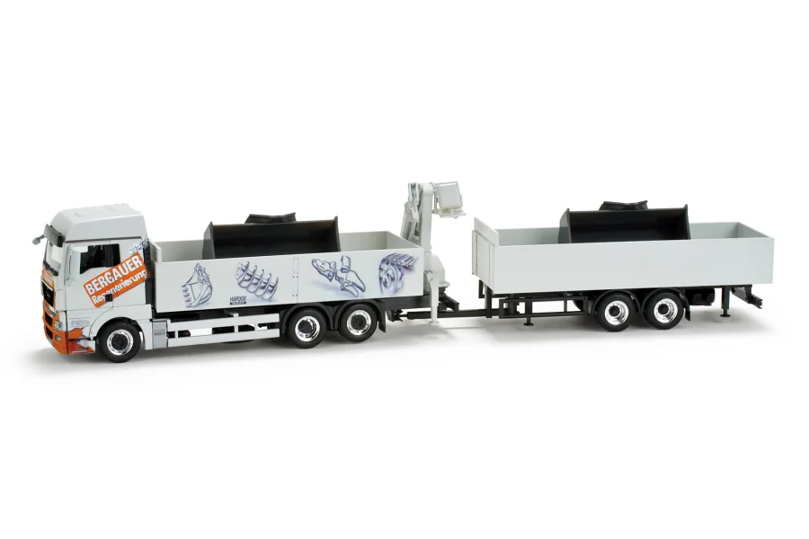 MAN TGX XLX Pritschen-Hängerzug mit Ladekran und Ladegut
