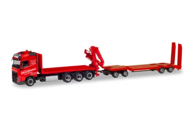Herpa 310086: Volvo FH GL Flachbett-LKW mit Kran und Goldhofer TU4