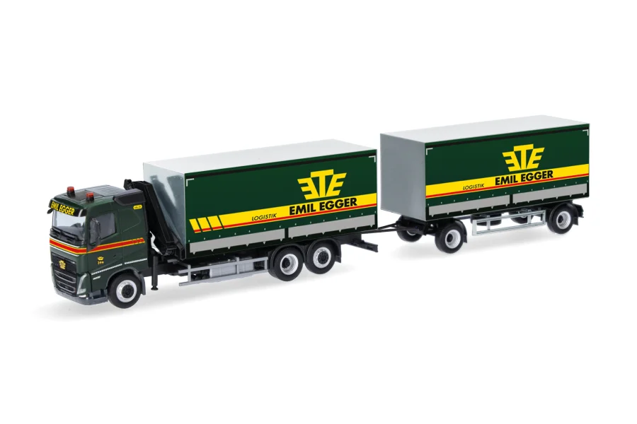 Volvo FH 2020 Flachdach Planen-Hängerzug mit Kran "Emil Egger"
