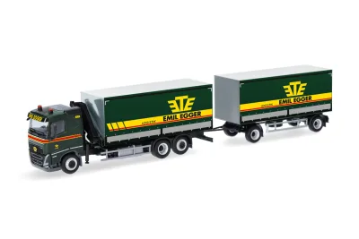 Herpa 320504: Volvo FH 2020 Flachdach Planen-Hängerzug mit Kran "Emil Egger"