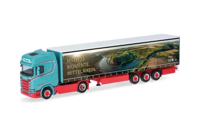 Herpa 321280: Scania CS 20 Hochdach Gardinenplanen-Sattelzug "Spedition Heuser/Faszination Loreley"