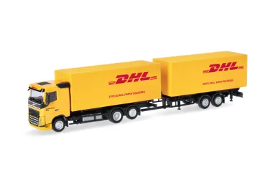 Herpa 321501: Volvo FH Flachdach 2020 Wechselkoffertandem-Hängerzug "DHL"