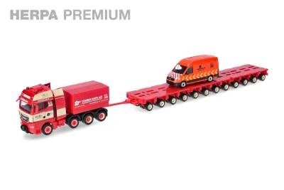 Herpa 960991: HERPA PREMIUM: zwaarlaadset "Torben Rafn" – MAN TGX GX zwaarlader trekker 4-as met dieplader oplegger 12-as en MAN TGE kastenwagen hoog dak