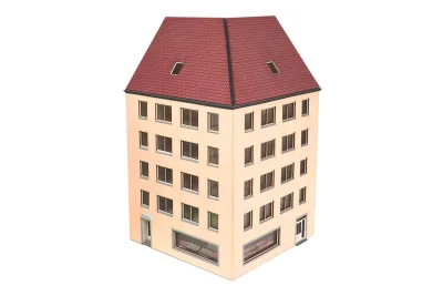 Modellbahn Union H0-H00288: H0 halfreliëf moderne stadswoning, hoekhuis, 90 graden, met winkel, zandsteen