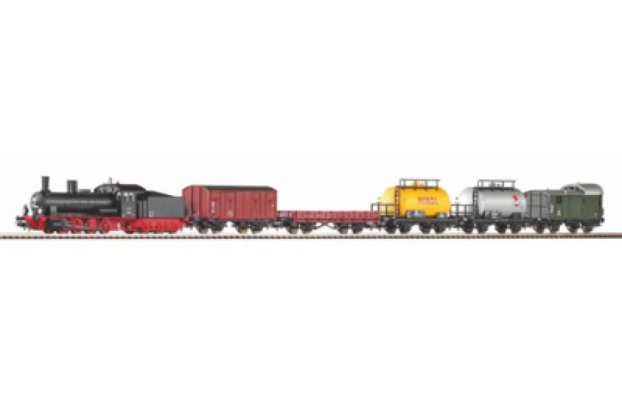 Coffret de départ avec voie ballastée train de marchandises locomotive à vapeur G7 avec 5 wagons de marchandises
