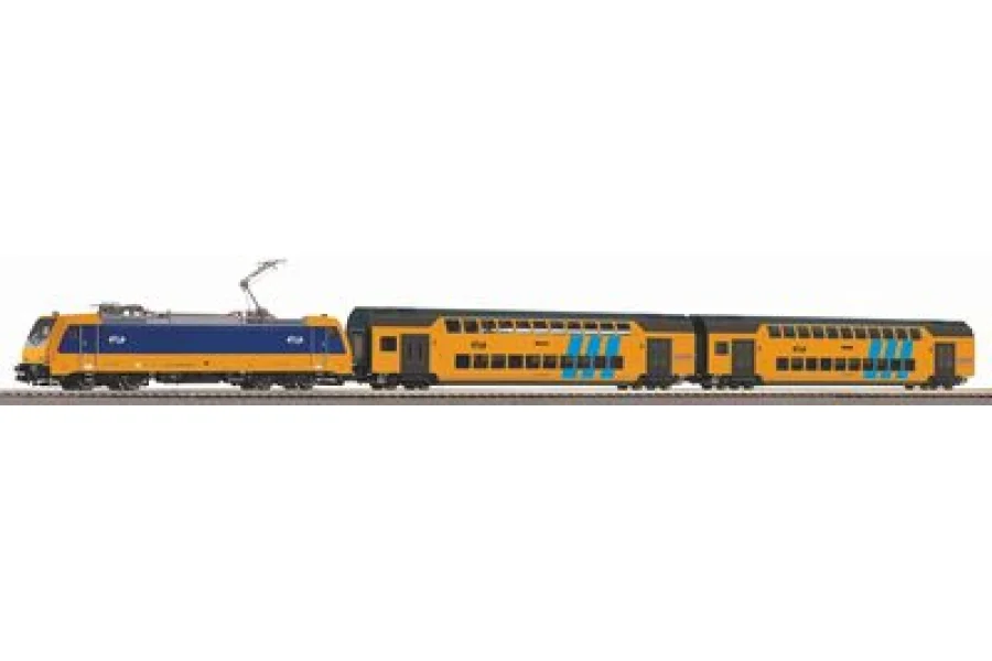 Starter set with ballasted track passenger train electric locomotive and 2 double-deck cars NS V