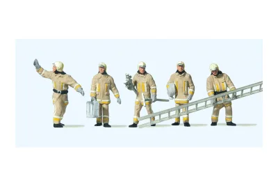 Preiser 10770: Firefighters in modern protective gear. Uniform colour beige. Arriving at the scene
