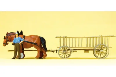Preiser 30416: Leiterwagen. Bauer, 2 Pferde